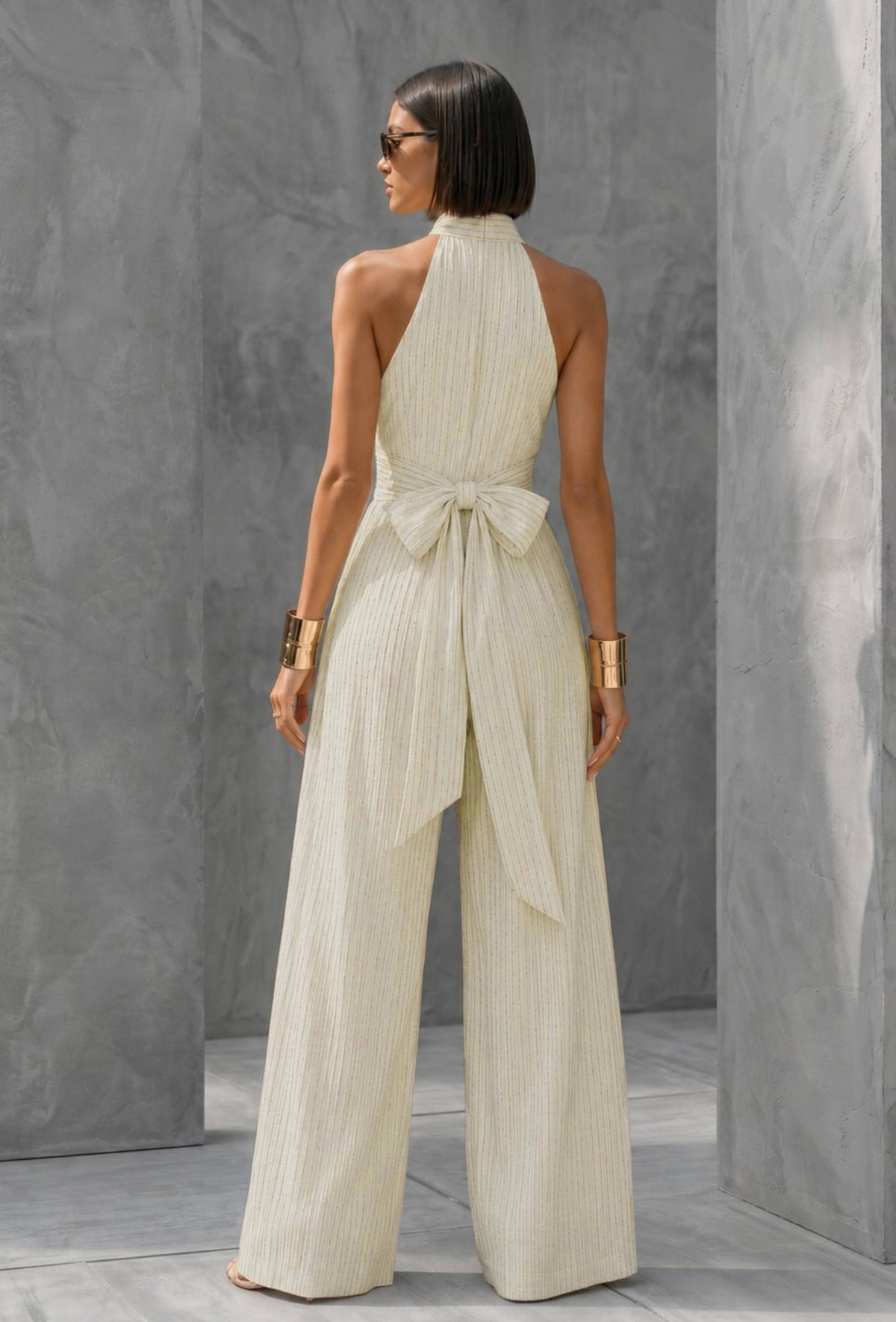 Ivory Lurex Stripe Halter Neck Cotton Silk Jumpsuit サイズ S