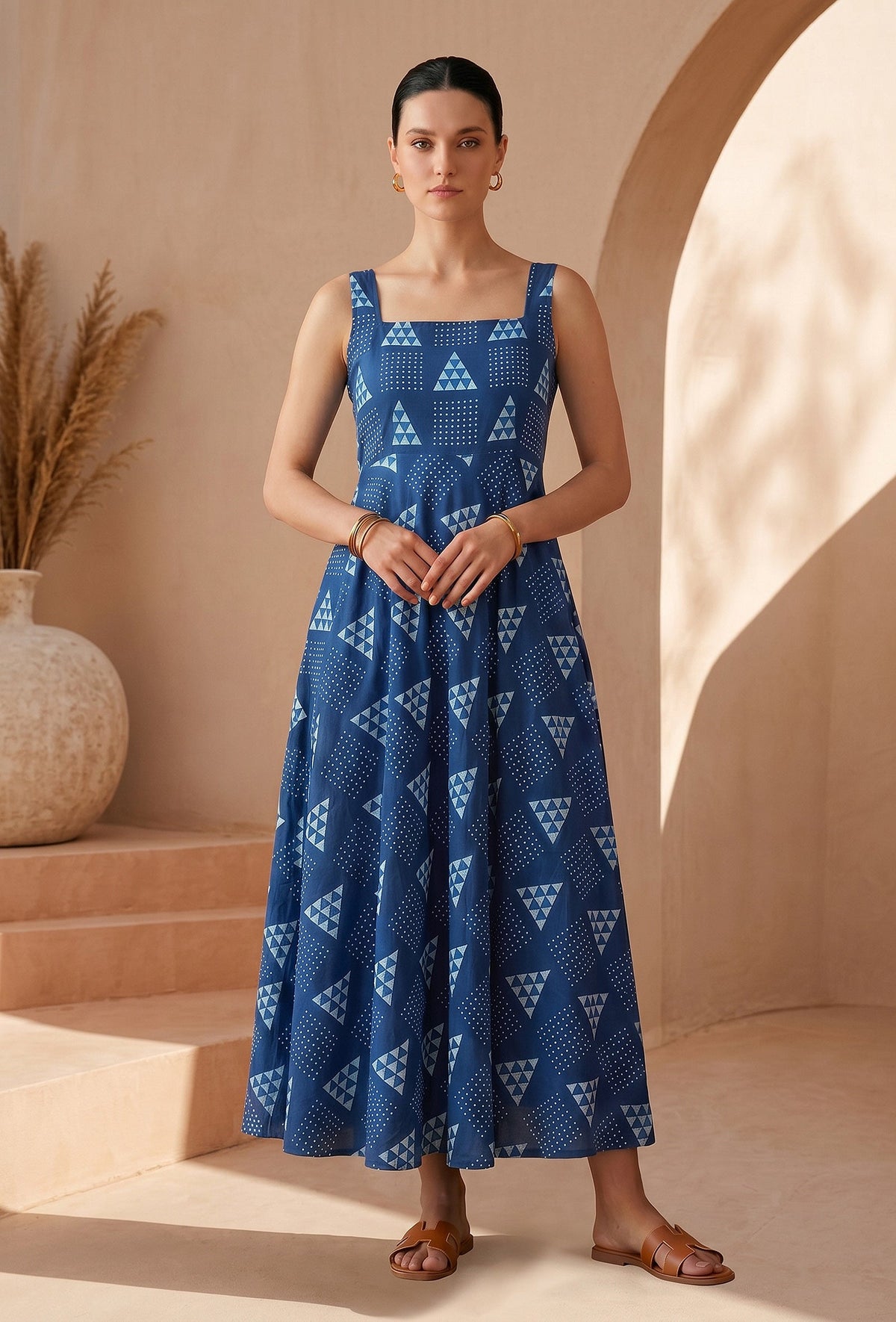 Indigo Geometric Print Cotton Flared Maxi Dress サイズ M