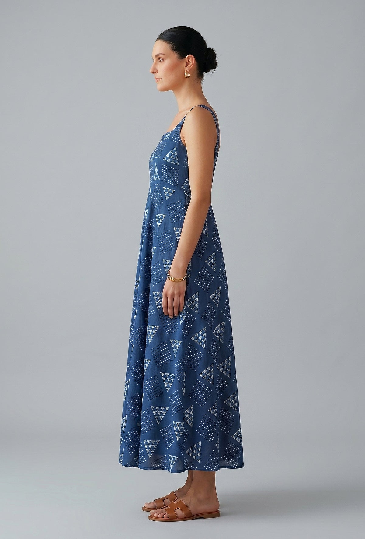 Indigo Geometric Print Cotton Flared Maxi Dress サイズ L