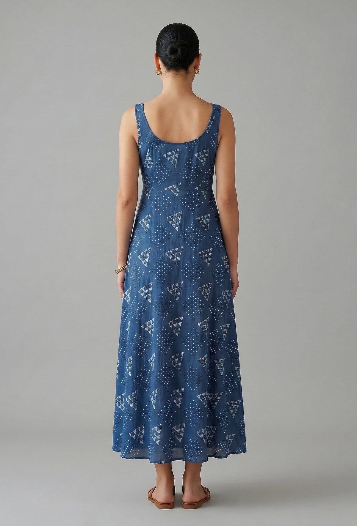 Indigo Geometric Print Cotton Flared Maxi Dress サイズ M
