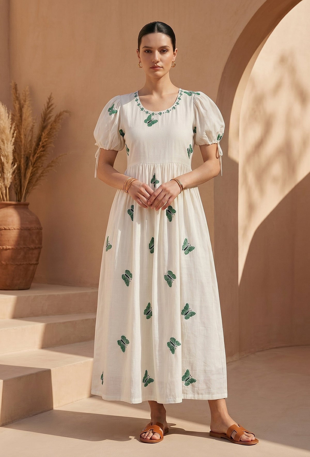 Ivory Butterfly Embroidered Cotton Midi Dress サイズ XXL