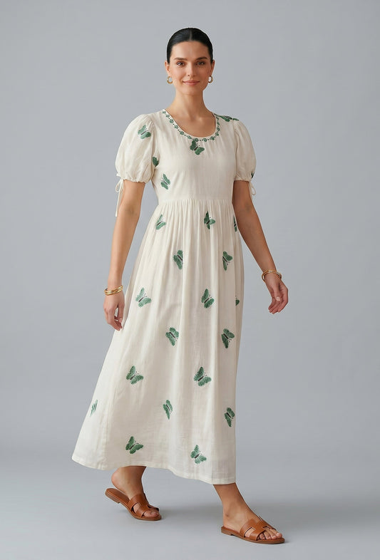 Ivory Butterfly Embroidered Cotton Midi Dress サイズ M