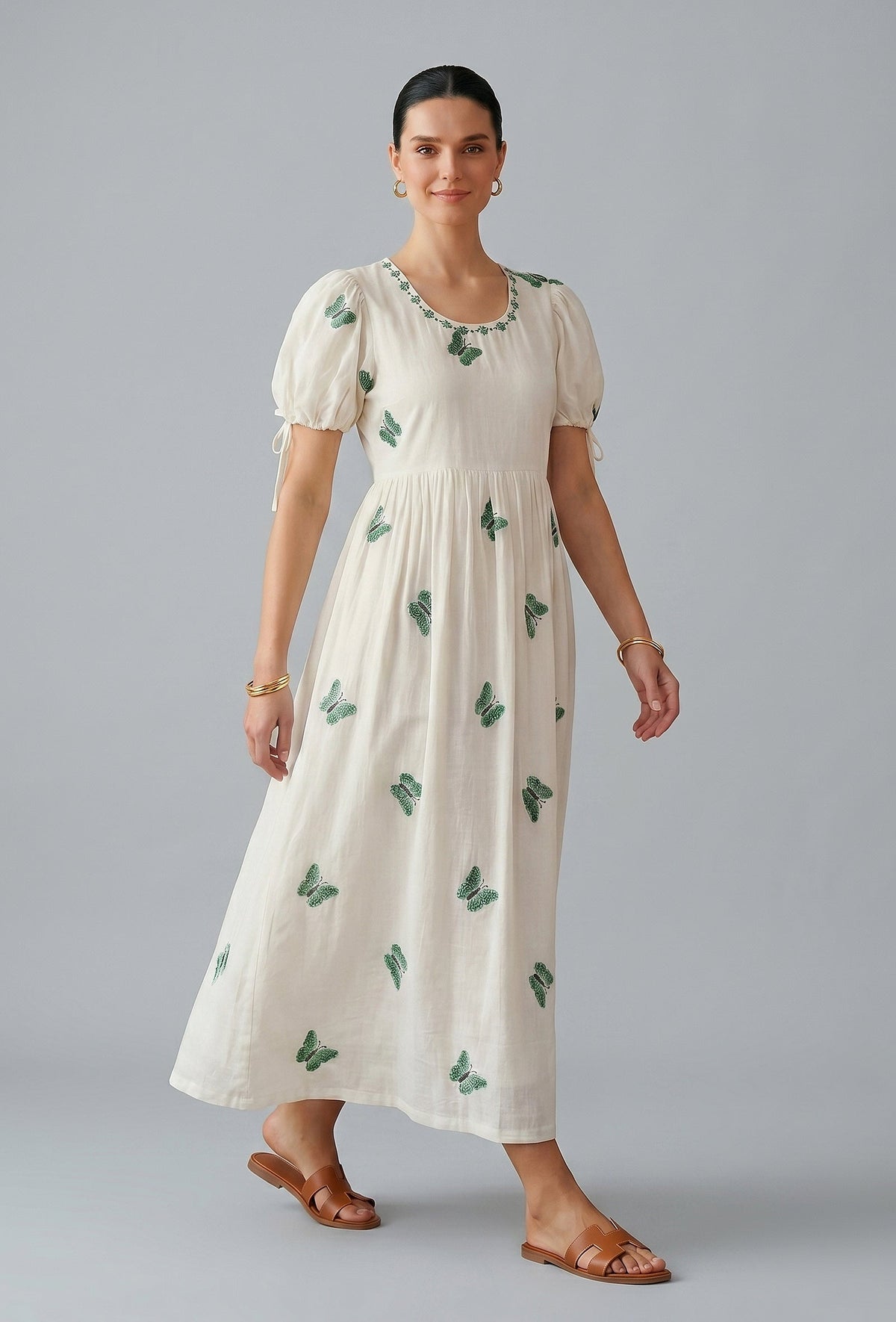 Ivory Butterfly Embroidered Cotton Midi Dress サイズ L
