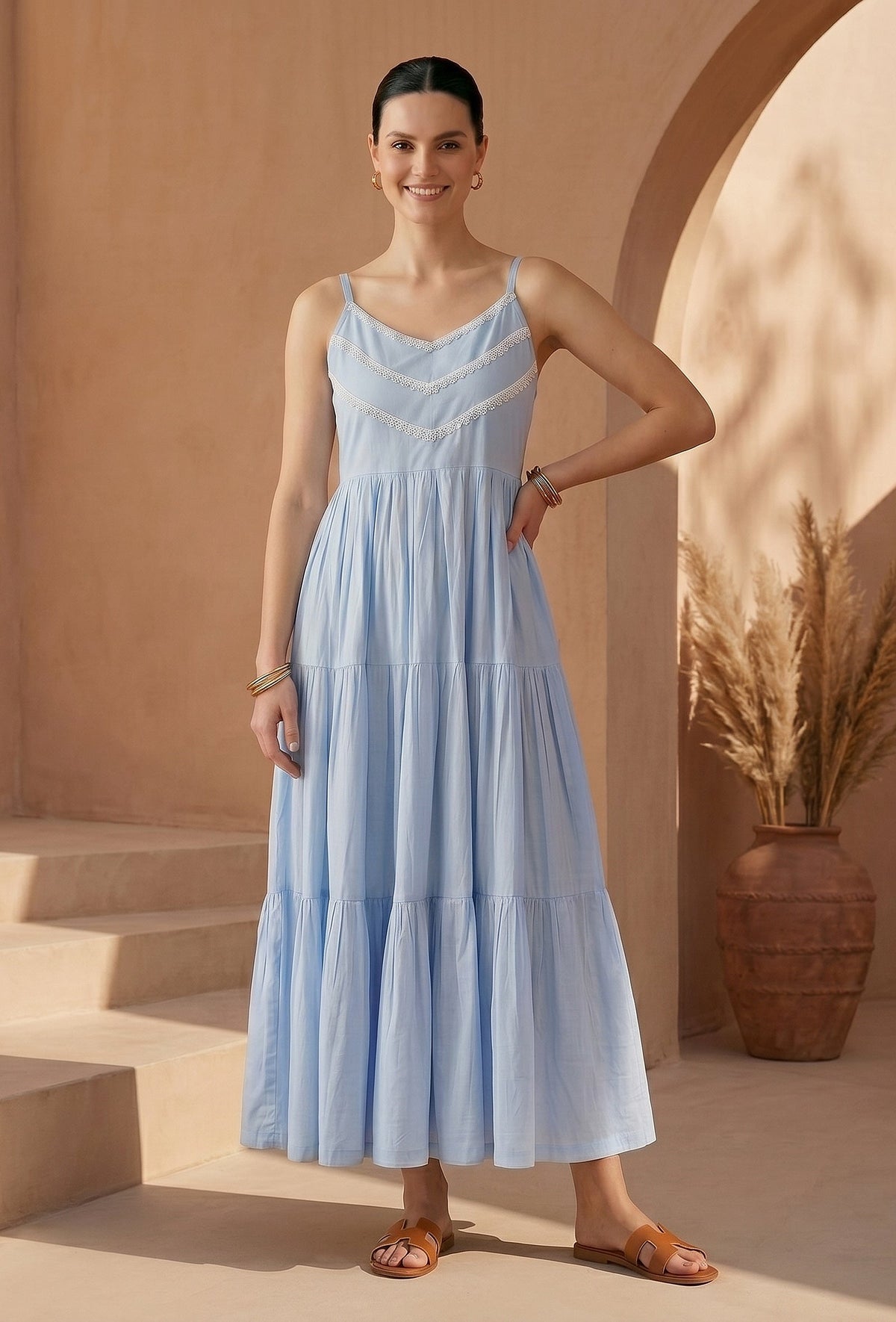 Powder Blue Cotton Lace Detail Tiered Gown サイズ XL