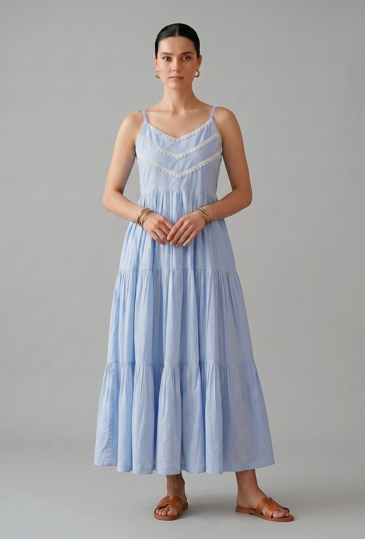 Powder Blue Cotton Lace Detail Tiered Gown サイズ XL
