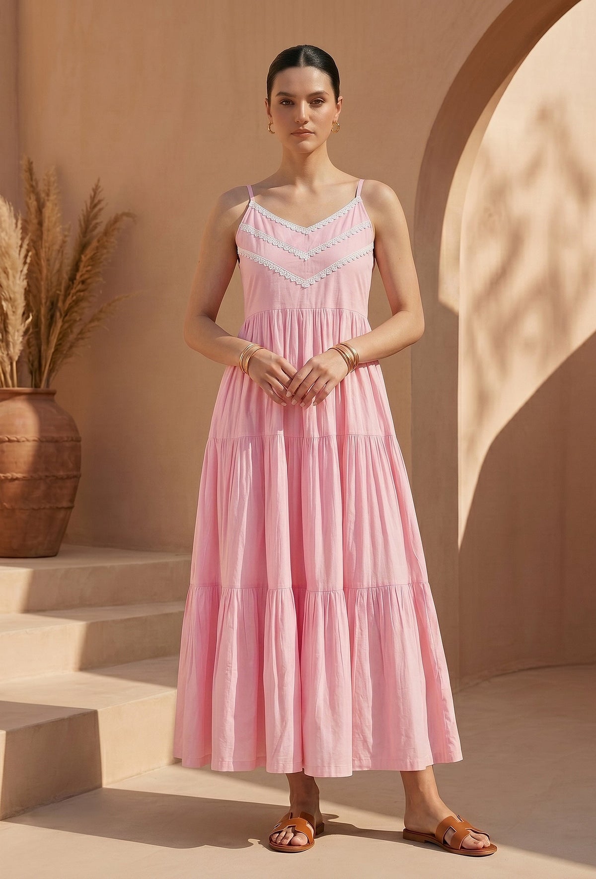 Blush Pink Cotton Lace Detail Tiered Gown サイズ M
