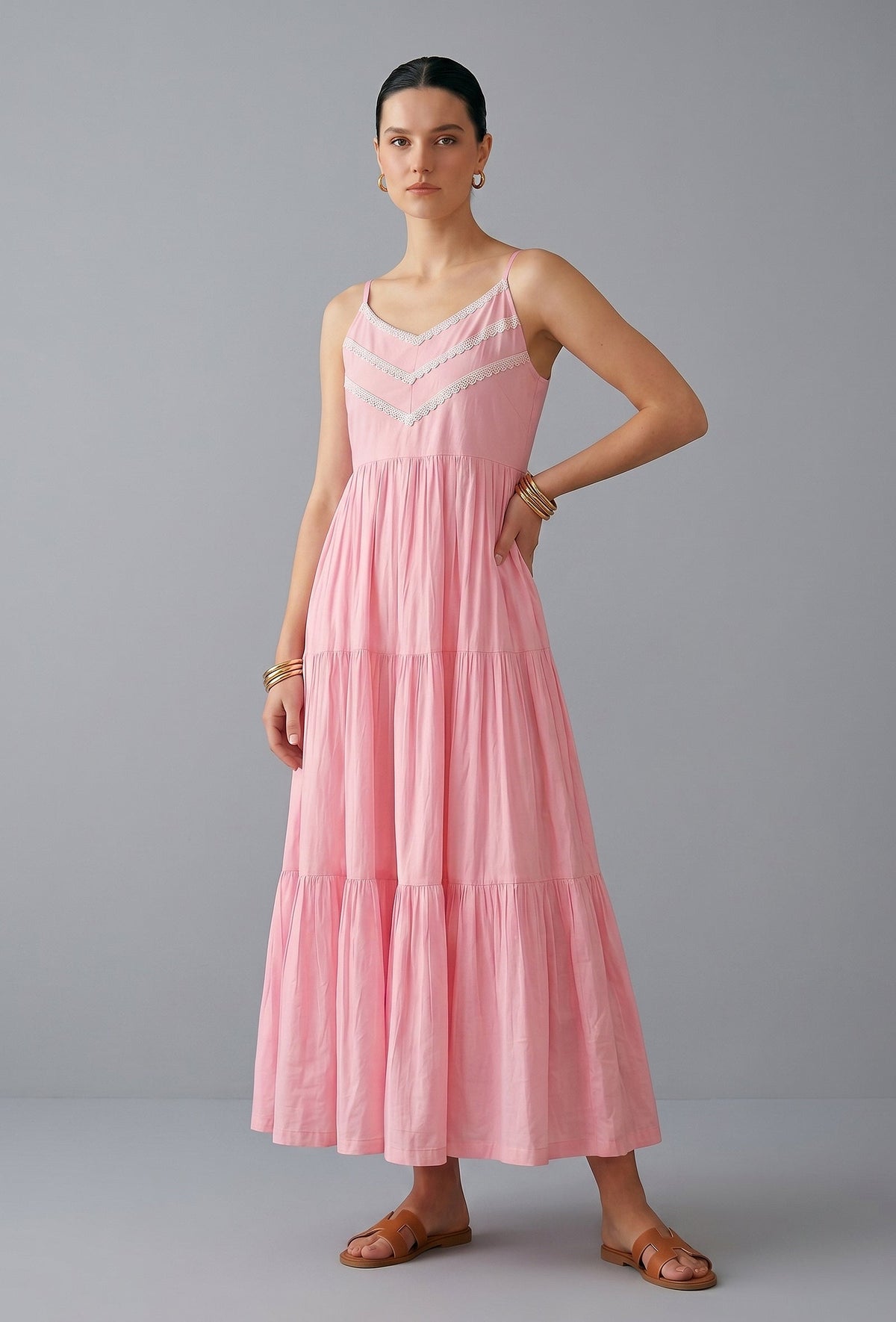 Blush Pink Cotton Lace Detail Tiered Gown サイズ XL