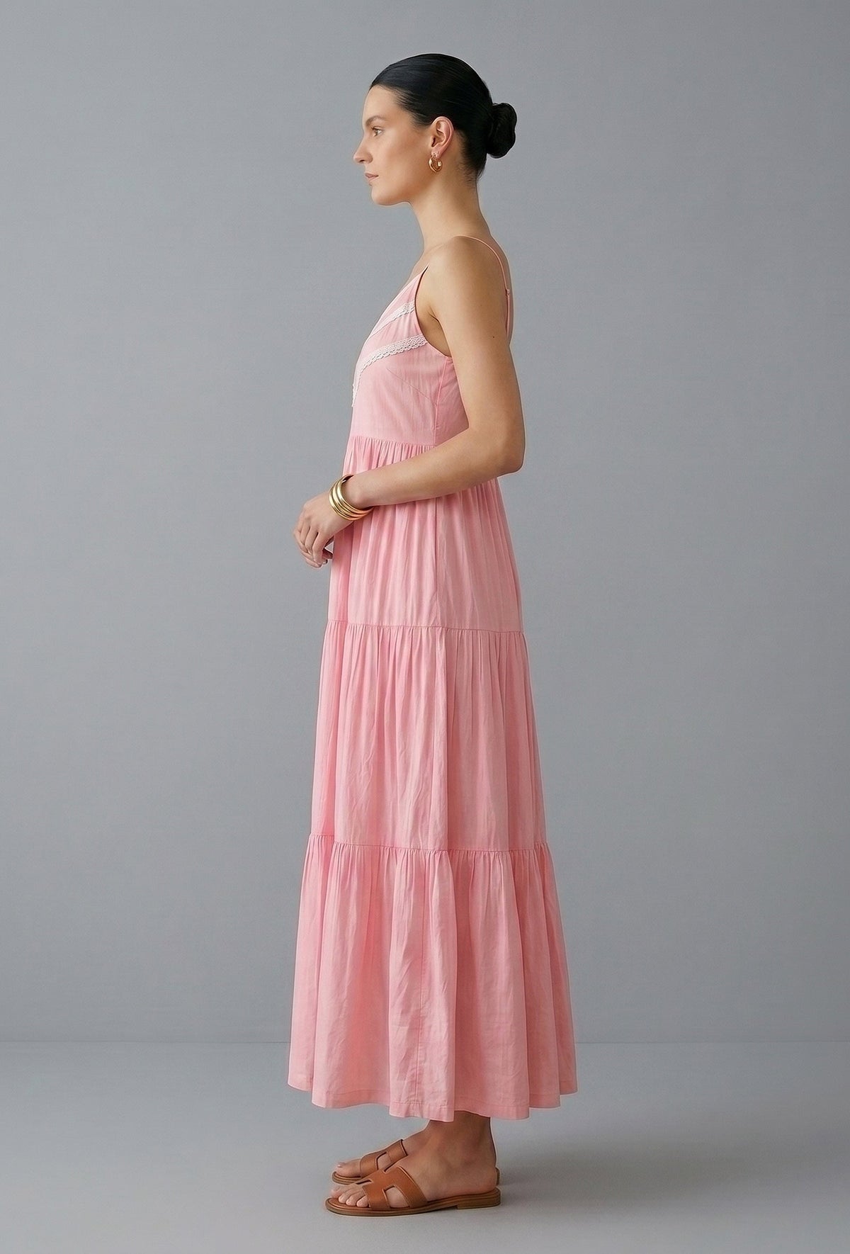 Blush Pink Cotton Lace Detail Tiered Gown サイズ XL