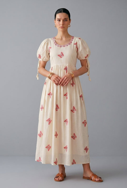 Ivory Pink Butterfly Embroidered Cotton Gown サイズ M