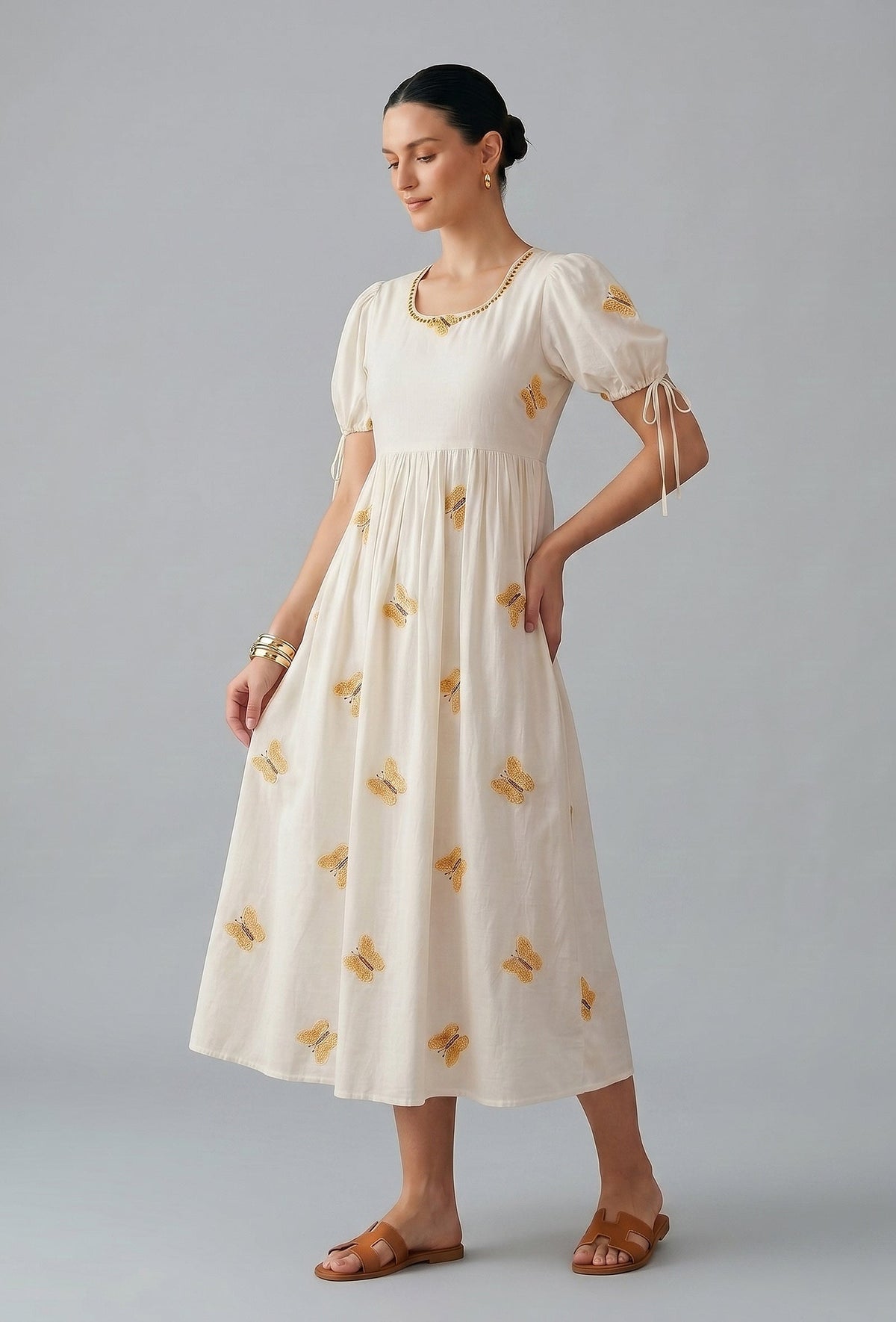 Ivory Butterfly Embroidered Cotton Gown Dress サイズ S