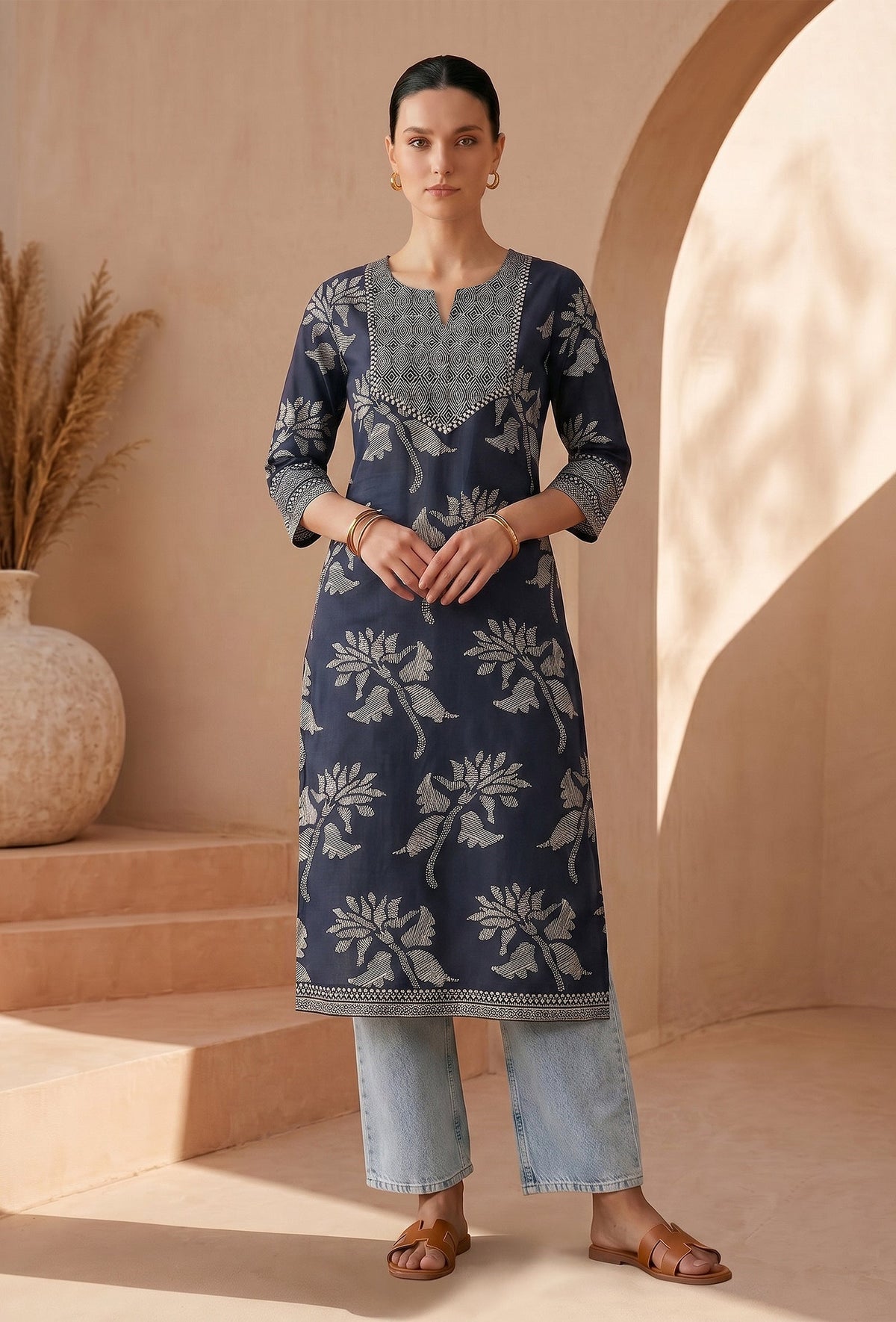 Midnight Blue Floral Woven Cotton Kurta サイズ L