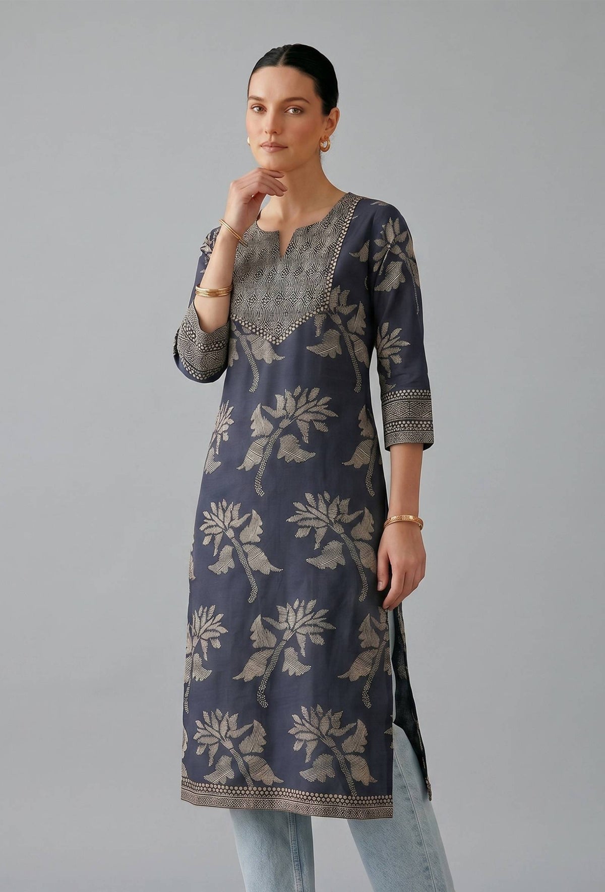 Midnight Blue Floral Woven Cotton Kurta サイズ M