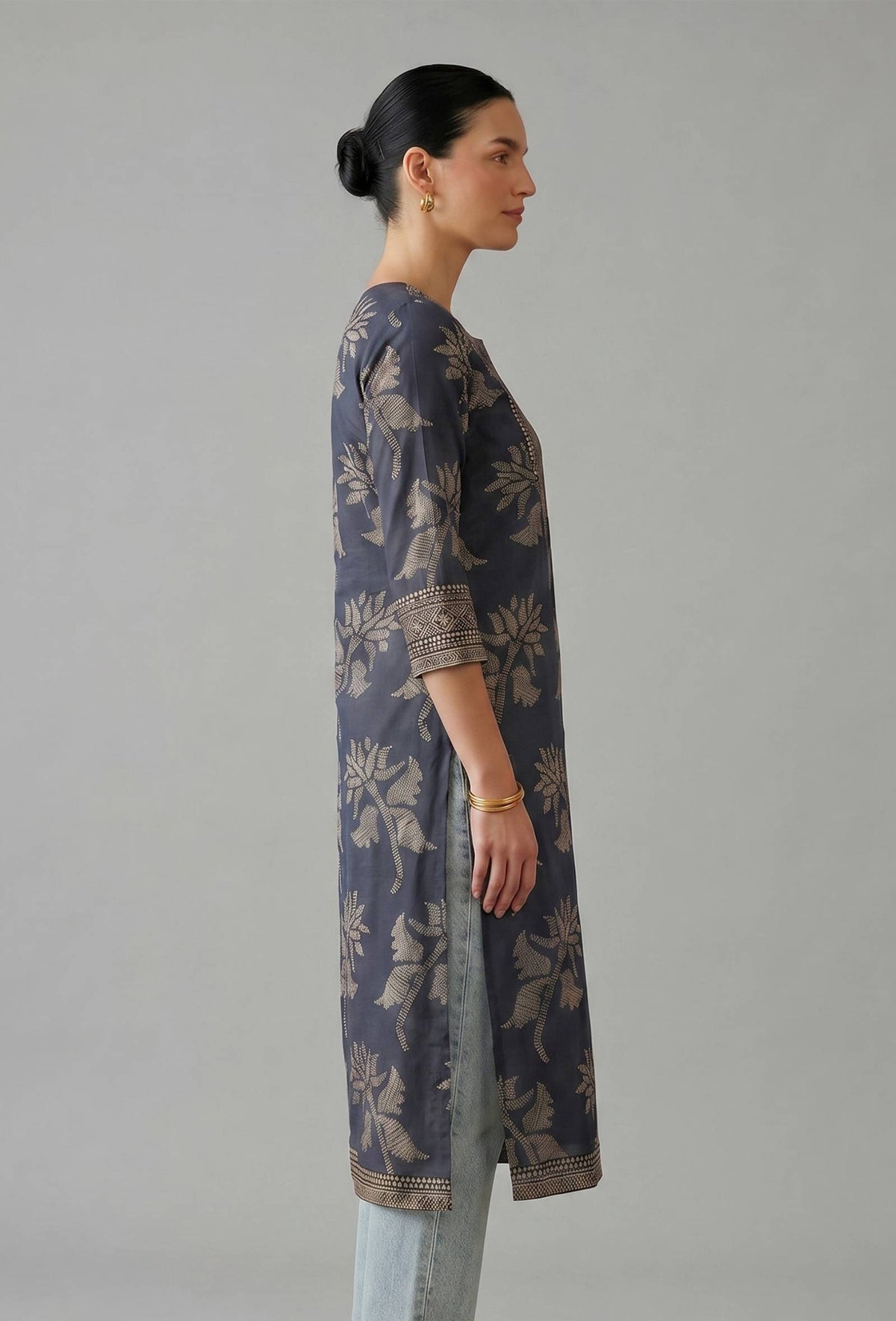 Midnight Blue Floral Woven Cotton Kurta サイズ XXXL