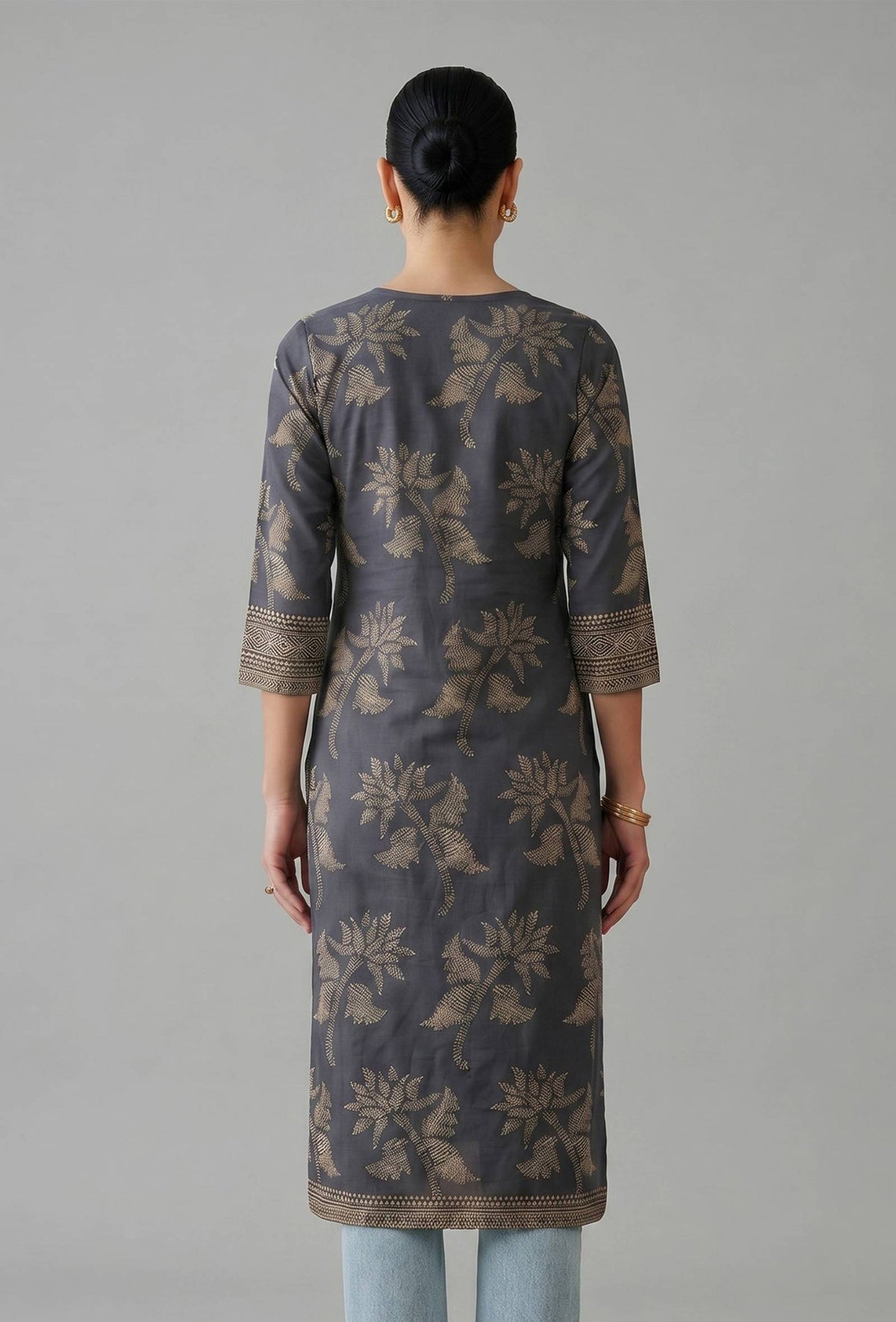 Midnight Blue Floral Woven Cotton Kurta サイズ XS