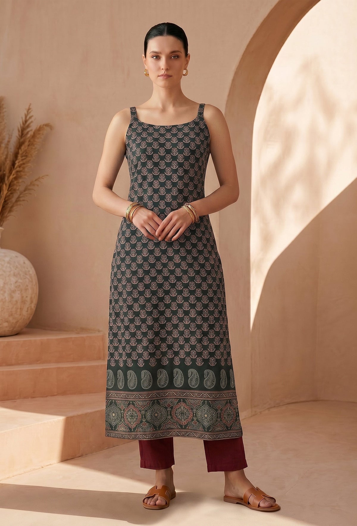 Forest Green Paisley Printed Cotton Slip Kurta サイズ XXXL