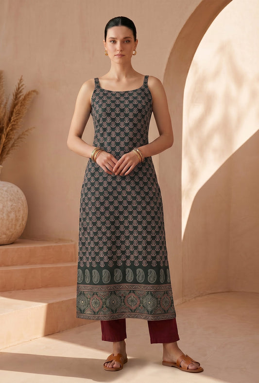 Forest Green Paisley Printed Cotton Slip Kurta サイズ M