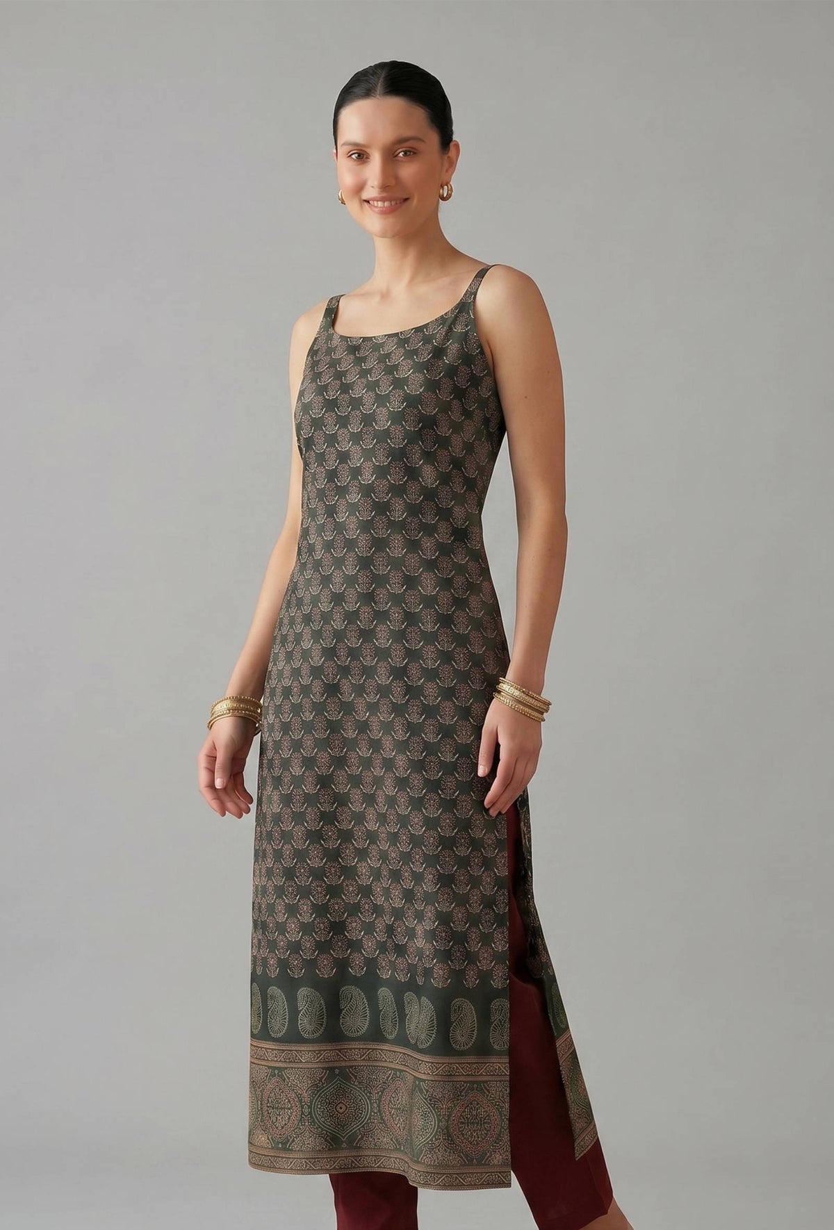 Forest Green Paisley Printed Cotton Slip Kurta サイズ L