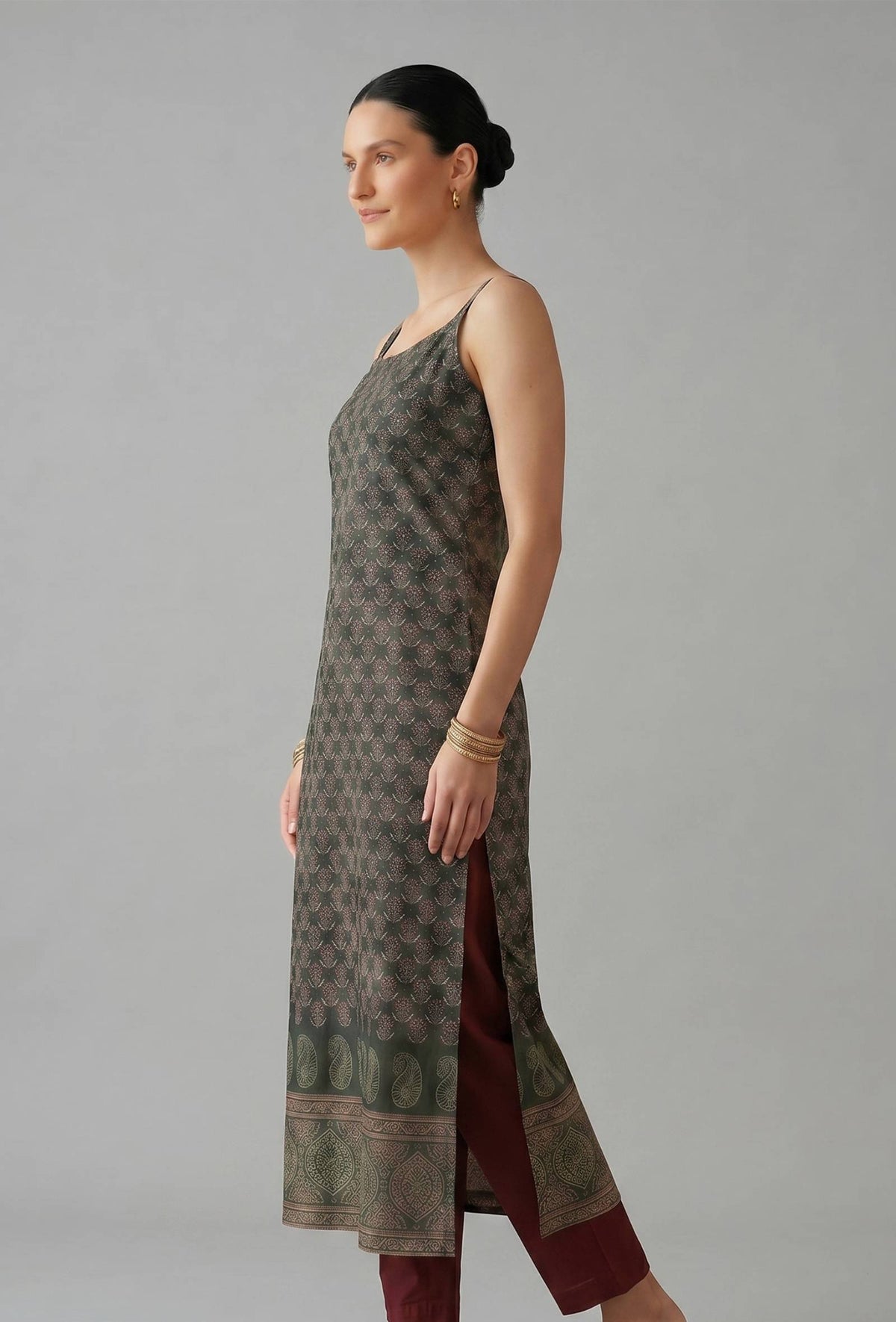Forest Green Paisley Printed Cotton Slip Kurta サイズ XXXL