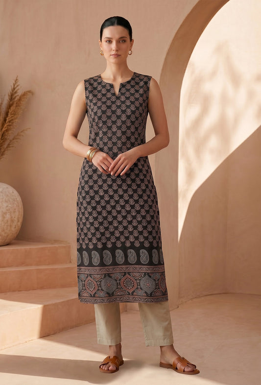 Black Floral Buti Printed Cotton Straight Sleeveless Kurta サイズ M