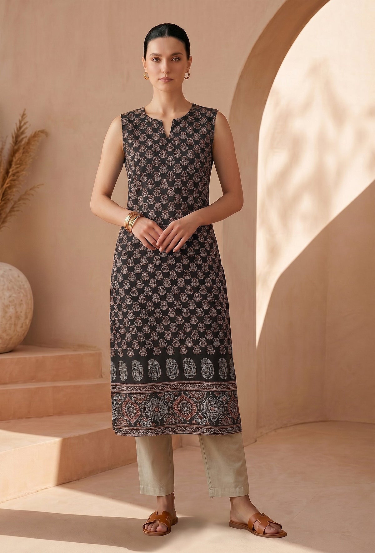 Black Floral Buti Printed Cotton Straight Sleeveless Kurta サイズ XL