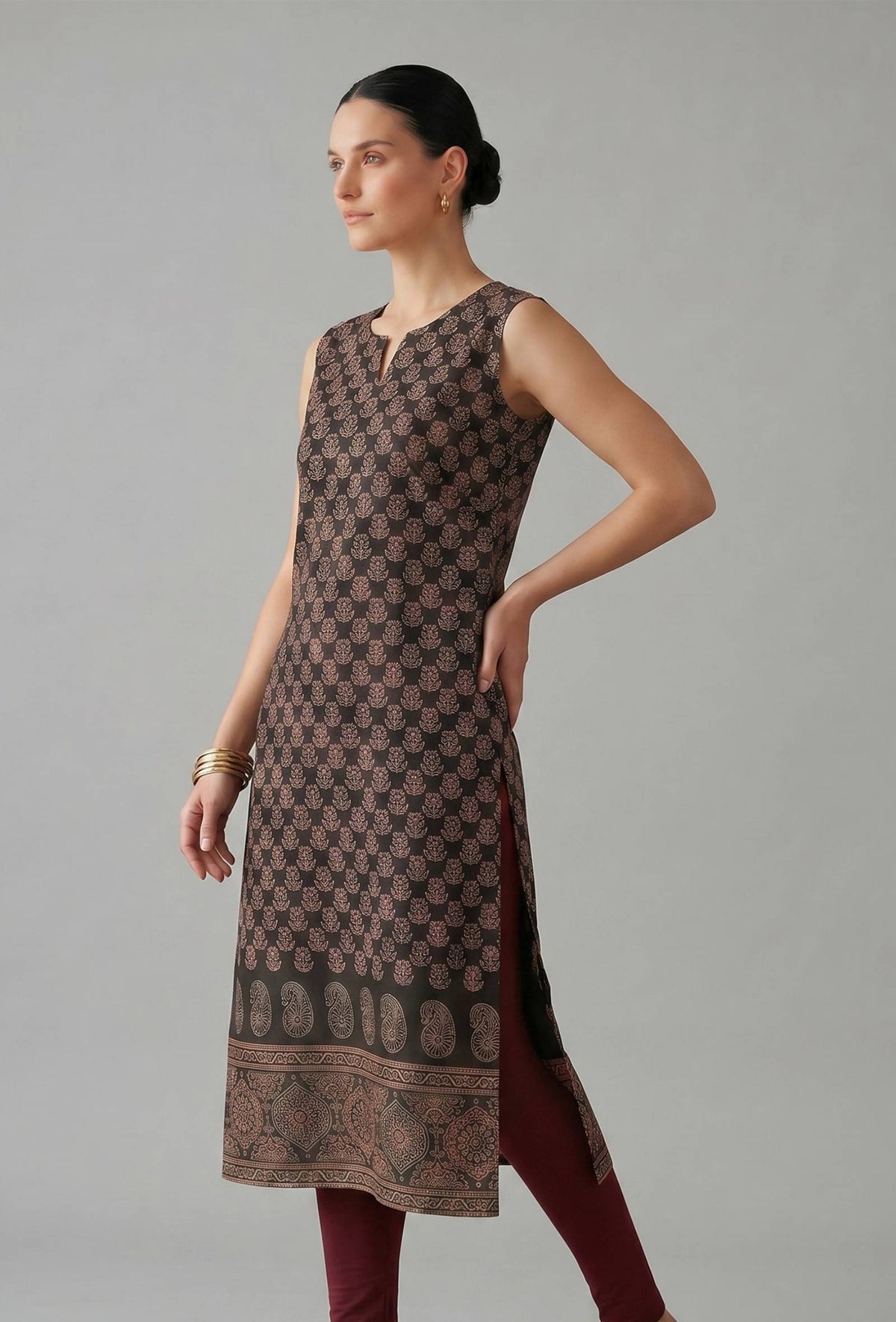 Black Floral Buti Printed Cotton Straight Sleeveless Kurta サイズ XXL
