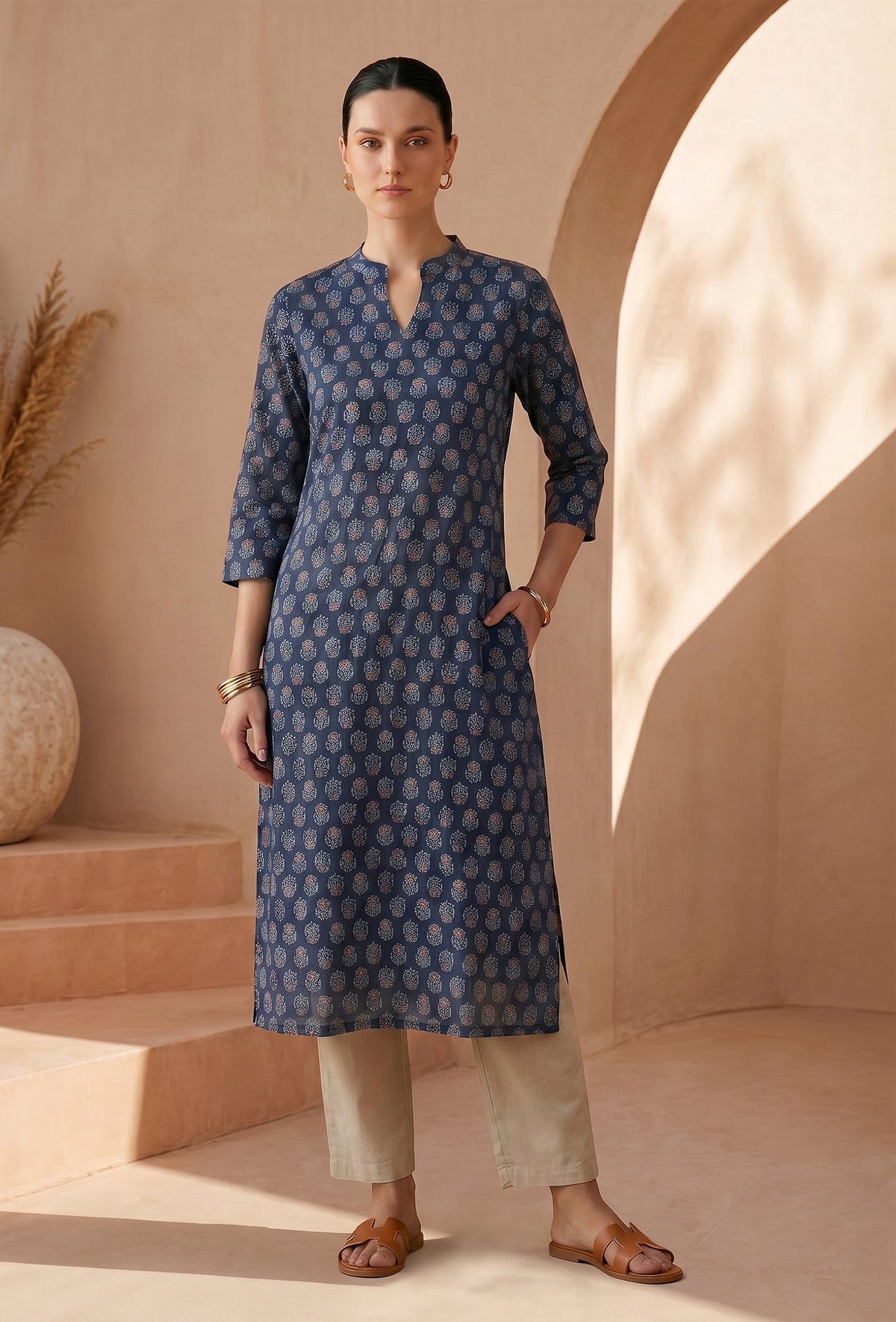 Navy Blue Ethnic Motif Printed Straight Cotton Kurta サイズ XXXL