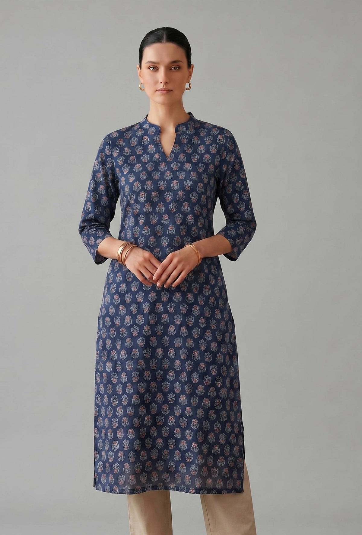 Navy Blue Ethnic Motif Printed Straight Cotton Kurta サイズ M