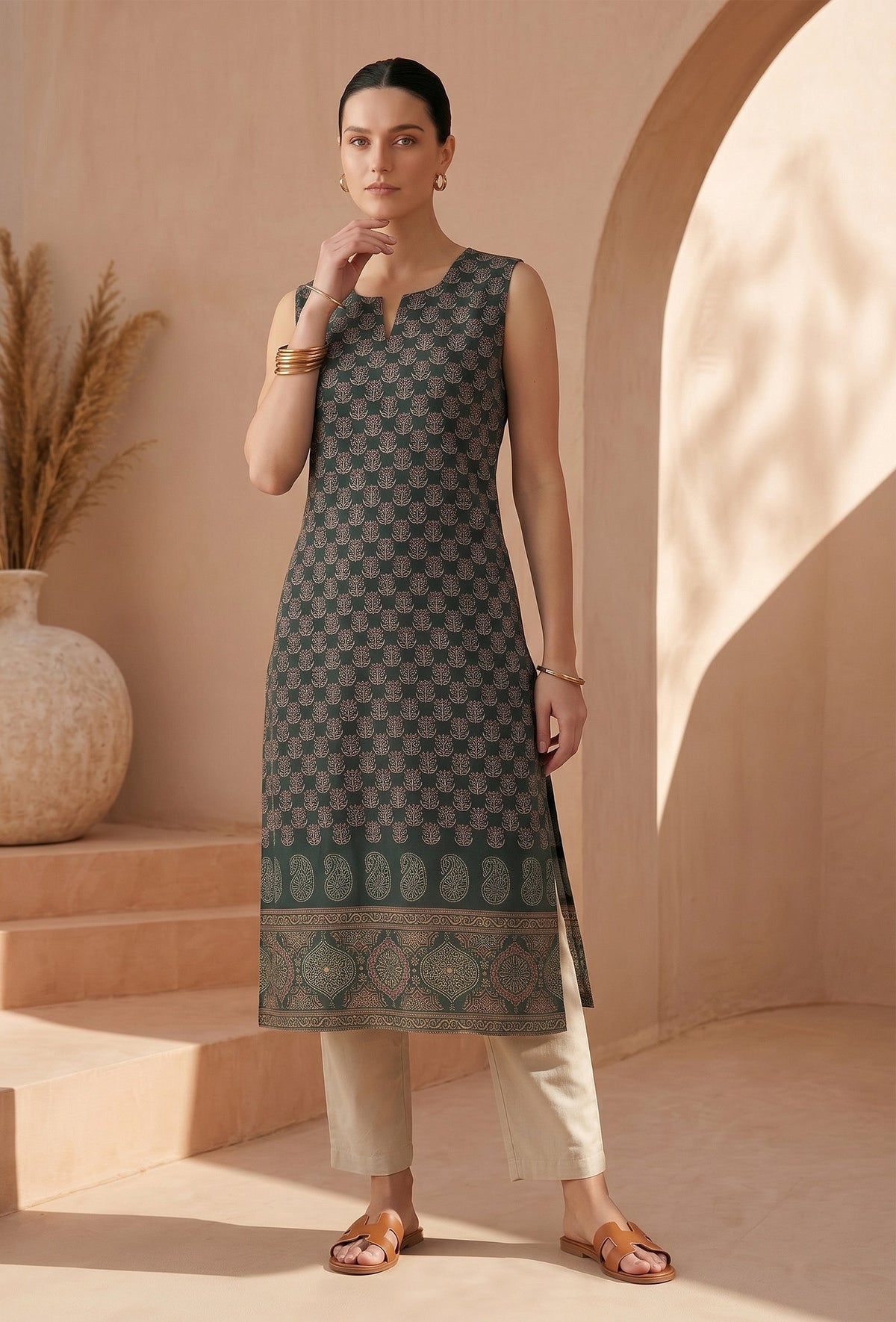 Deep Green Ethnic Motif Printed Sleeveless Straight Kurta サイズ M