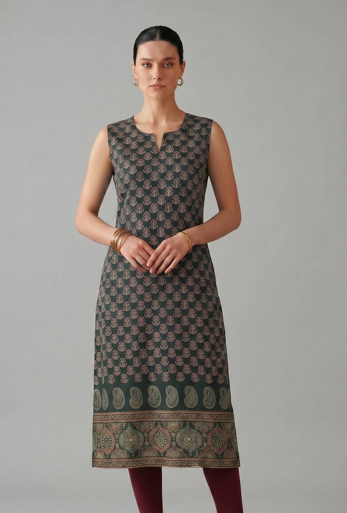 Deep Green Ethnic Motif Printed Sleeveless Straight Kurta サイズ L