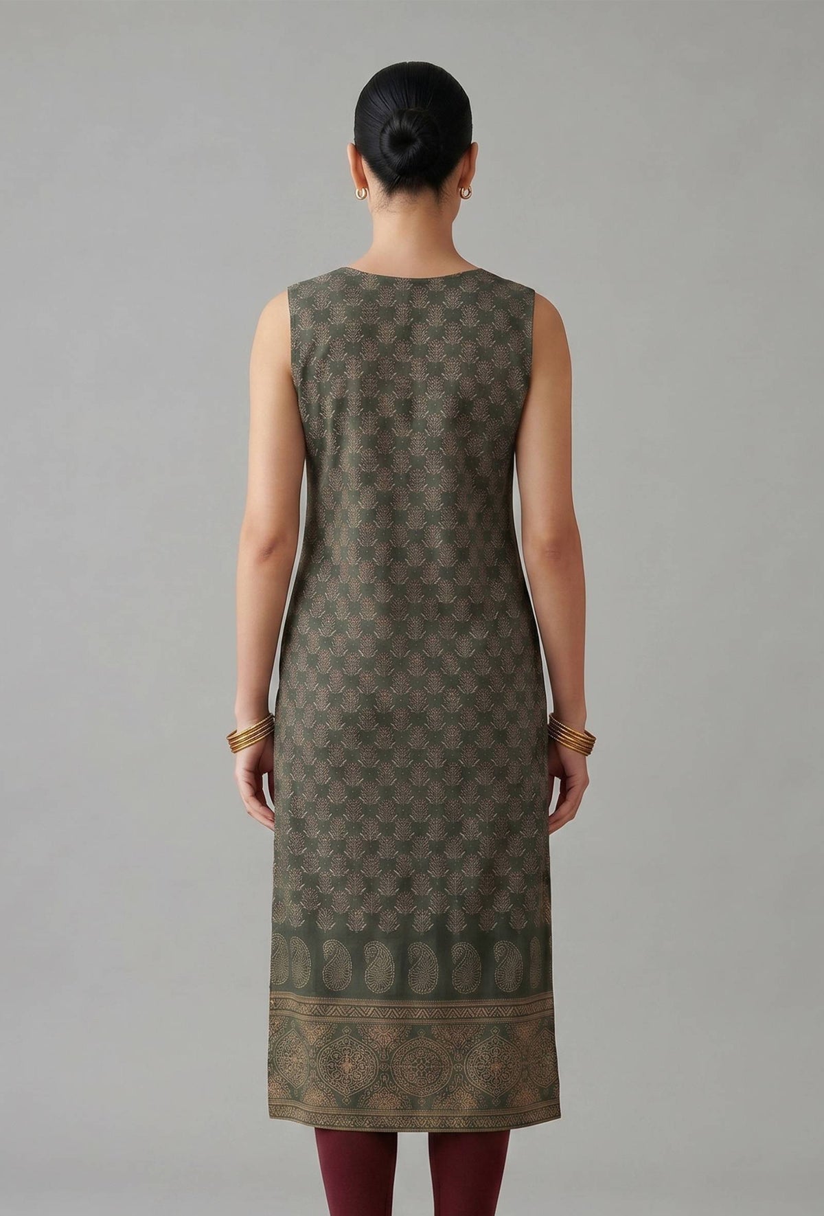 Deep Green Ethnic Motif Printed Sleeveless Straight Kurta サイズ L