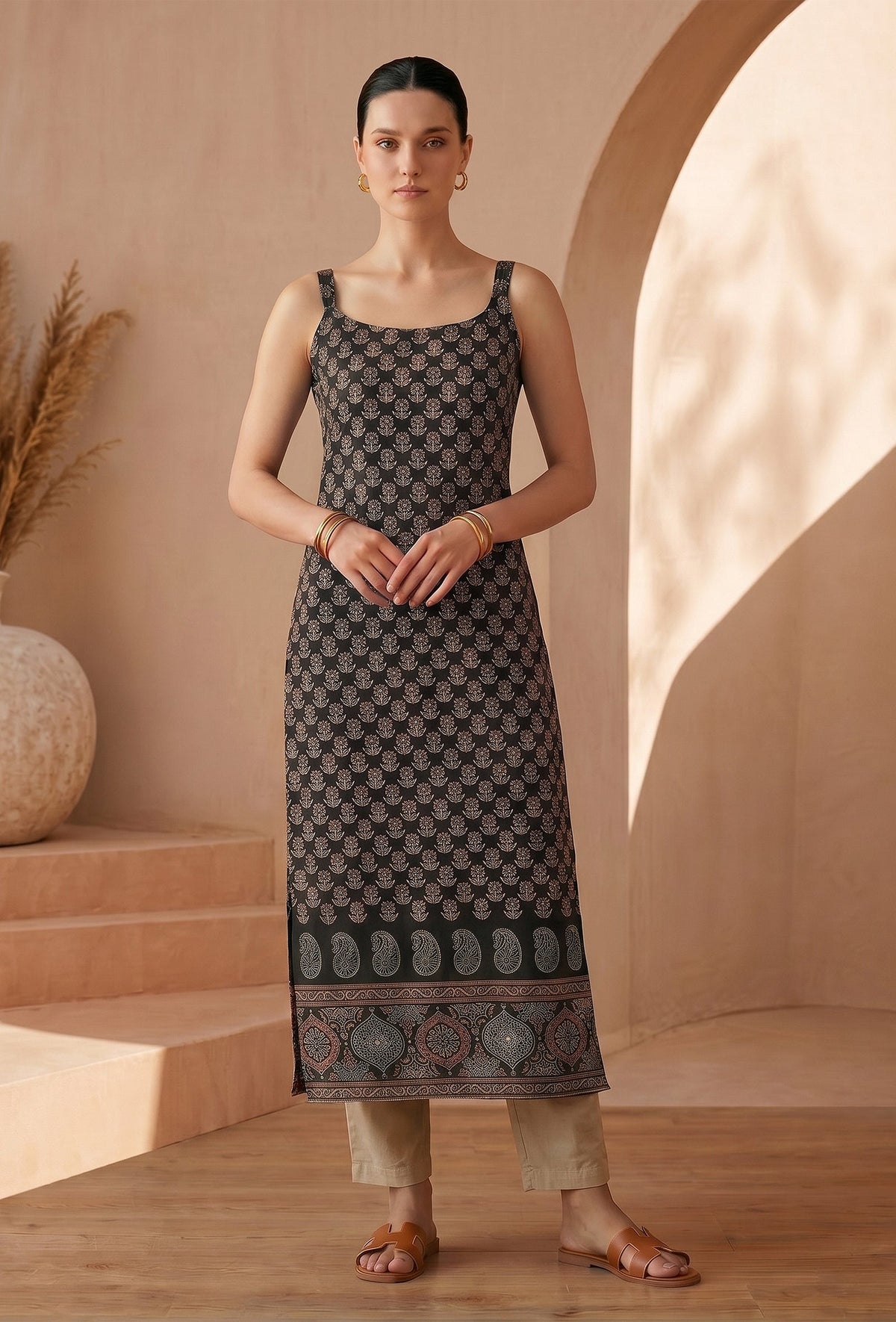 Black Ethnic Motif Printed Strappy Slip Kurta サイズ M