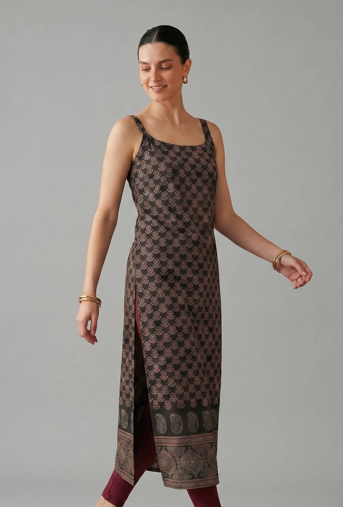 Black Ethnic Motif Printed Strappy Slip Kurta サイズ XL