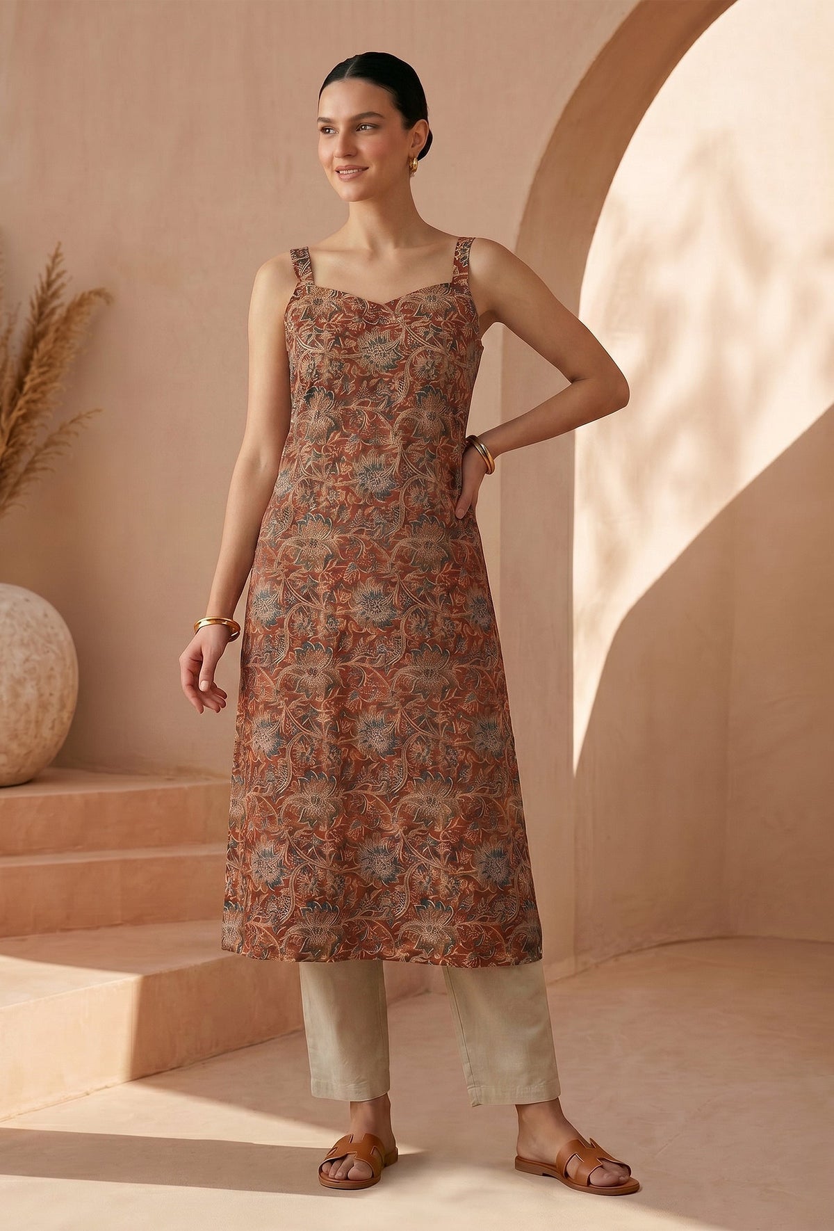 Rust Orange Kalamkari Printed Cotton Strappy Slip Kurta サイズ XL