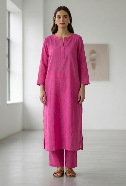 Set of 2: Fuchsia Pink Kurta & Straight Pant クルタ M・パンツ M