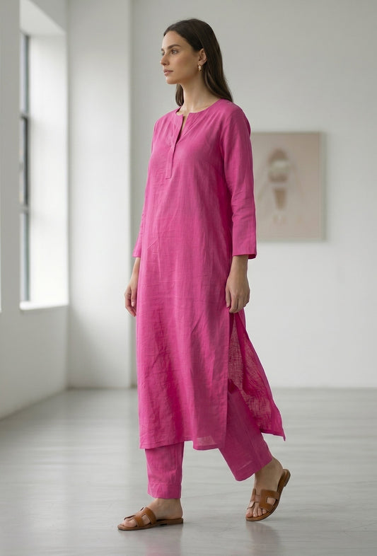 Set of 2: Fuchsia Pink Kurta & Straight Pant クルタ M・パンツ M