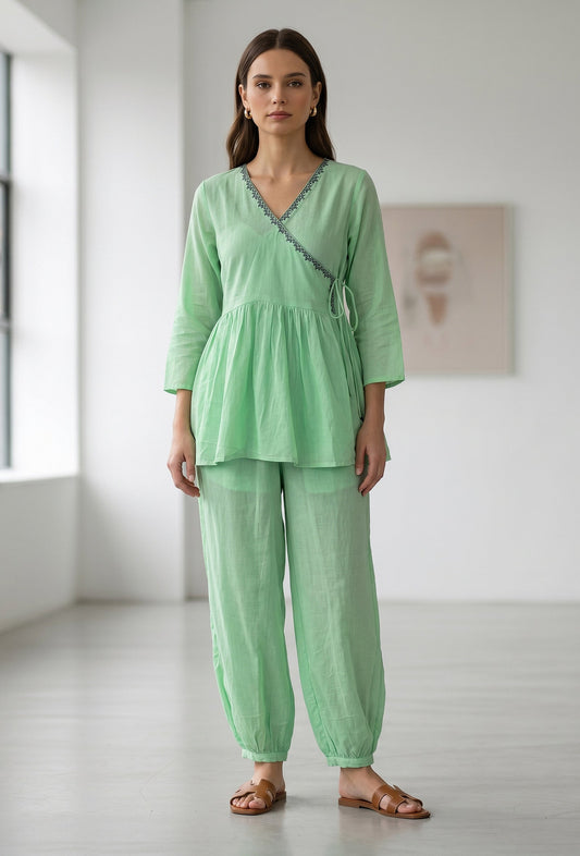 Mint Green Wrap Peplum Co-Ord Set トップス M・パンツ M
