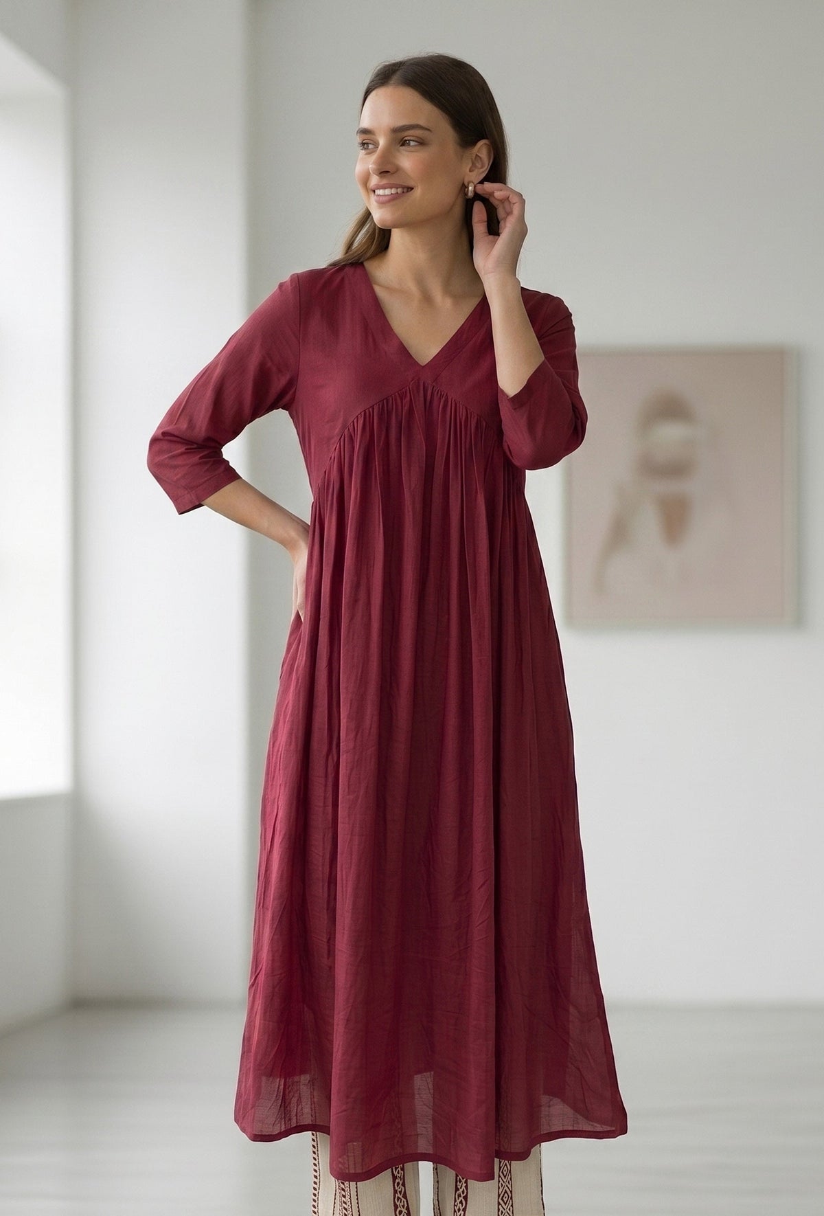 Maroon Gathered V-Neck Tunic サイズ M