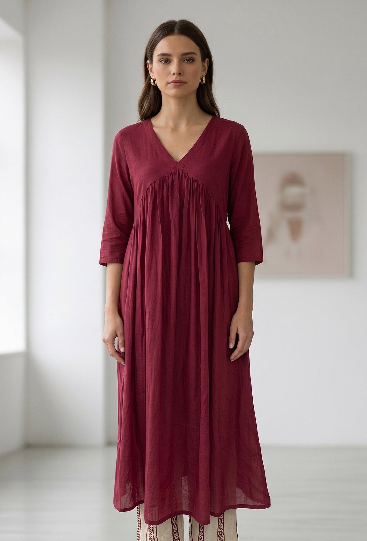 Maroon Gathered V-Neck Tunic サイズ XXL