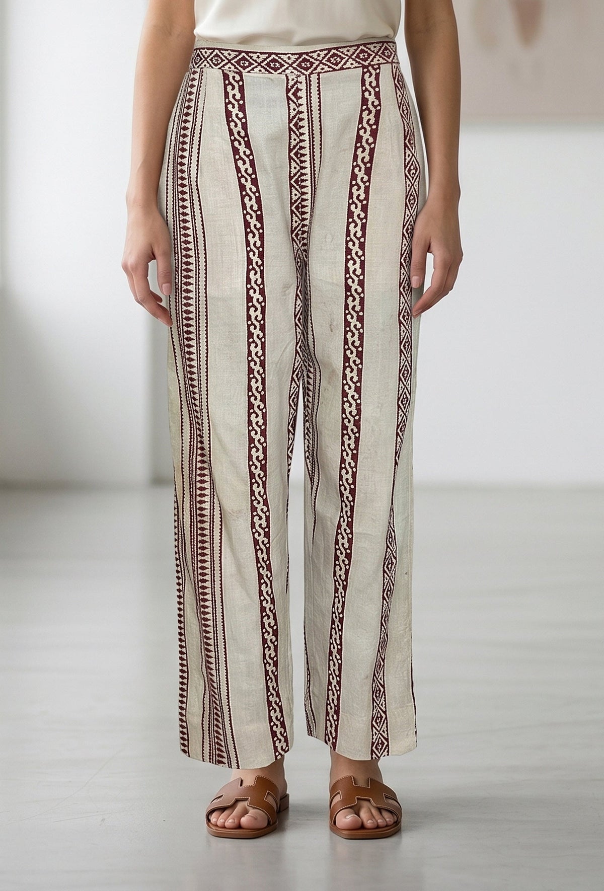 Beige Bagru Printed Straight Pant サイズ M