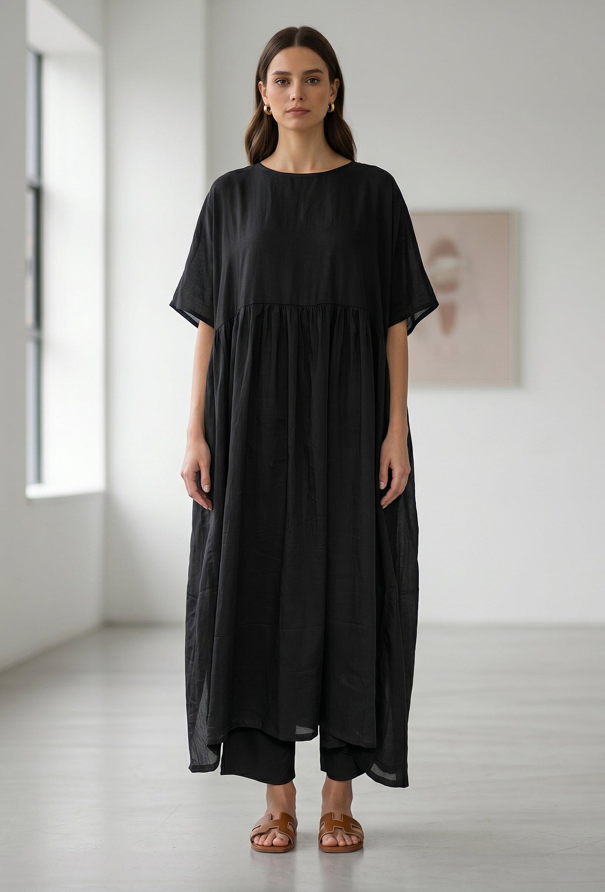 Set of 2: Black Gathered A-Line Kurta Set クルタ XS・パンツ L