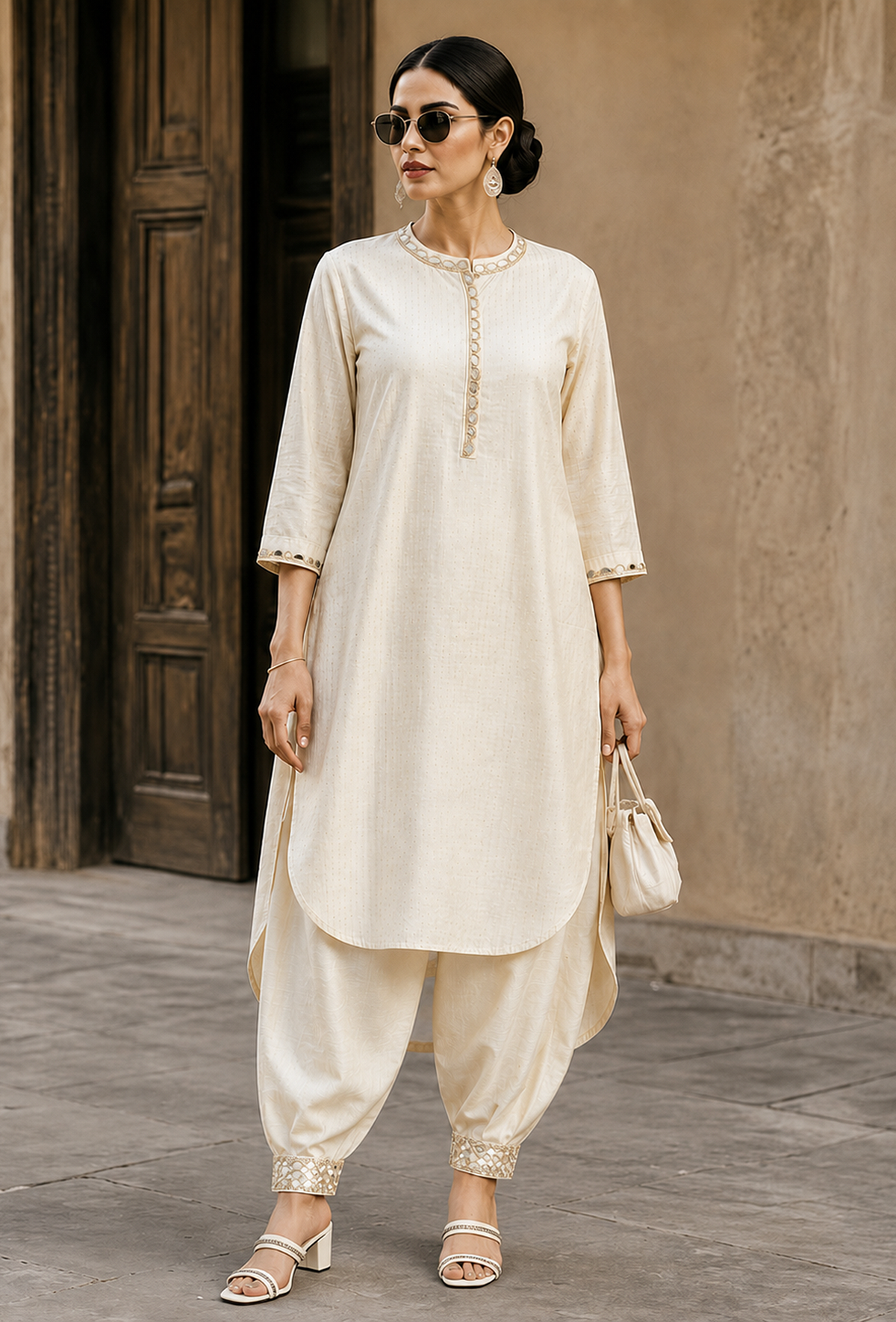 Set of 2: Ivory Noor Embroidery Silk Cotton Kurta & Satin Dhoti Pant クルタ XS・パンツ S