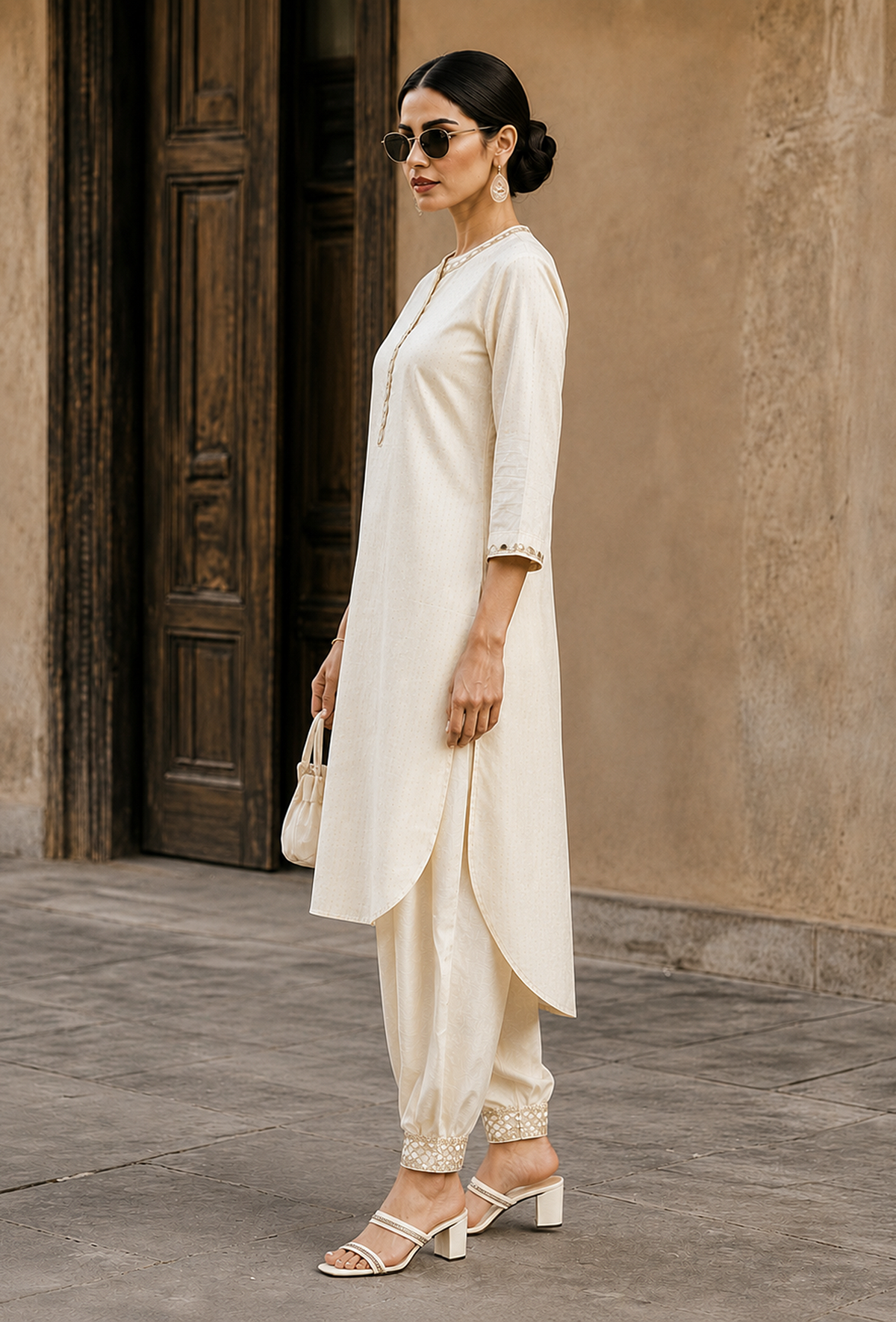 Set of 2: Ivory Noor Embroidery Silk Cotton Kurta & Satin Dhoti Pant クルタ XL・パンツ M