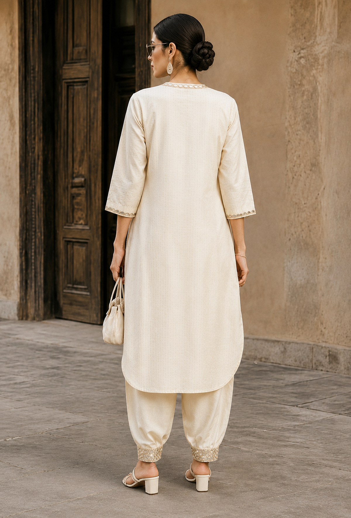 Set of 2: Ivory Noor Embroidery Silk Cotton Kurta & Satin Dhoti Pant クルタ XS・パンツ L