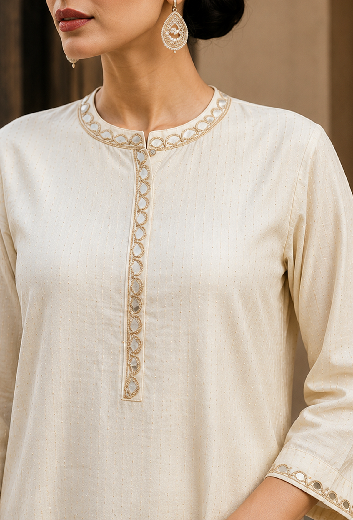 Set of 2: Ivory Noor Embroidery Silk Cotton Kurta & Satin Dhoti Pant クルタ XS・パンツ XS