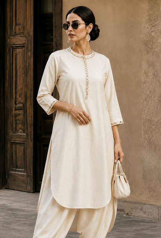 Ivory Noor Embroidery Silk Cotton Kurta サイズ M