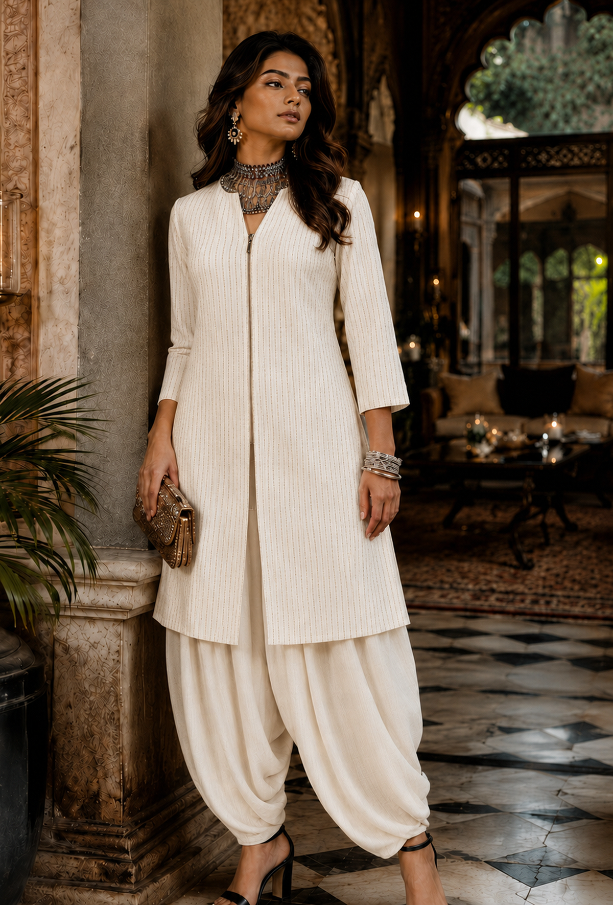 Set of 2: Ivory Elegance Silk Cotton Kurta & Satin Dhoti Pant クルタ XL・パンツ XXL