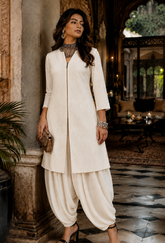 Set of 2: Ivory Elegance Silk Cotton Kurta & Satin Dhoti Pant クルタ M・パンツ M