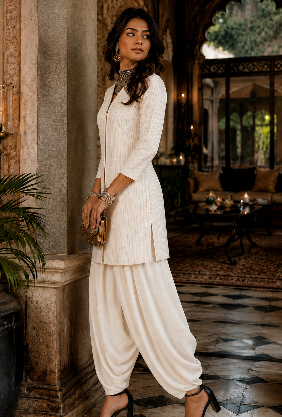 Set of 2: Ivory Elegance Silk Cotton Kurta & Satin Dhoti Pant クルタ XL・パンツ XXXL