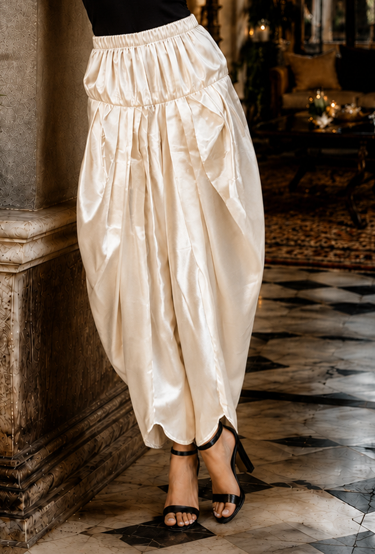 Set of 2: Ivory Elegance Silk Cotton Kurta & Satin Dhoti Pant クルタ M・パンツ M