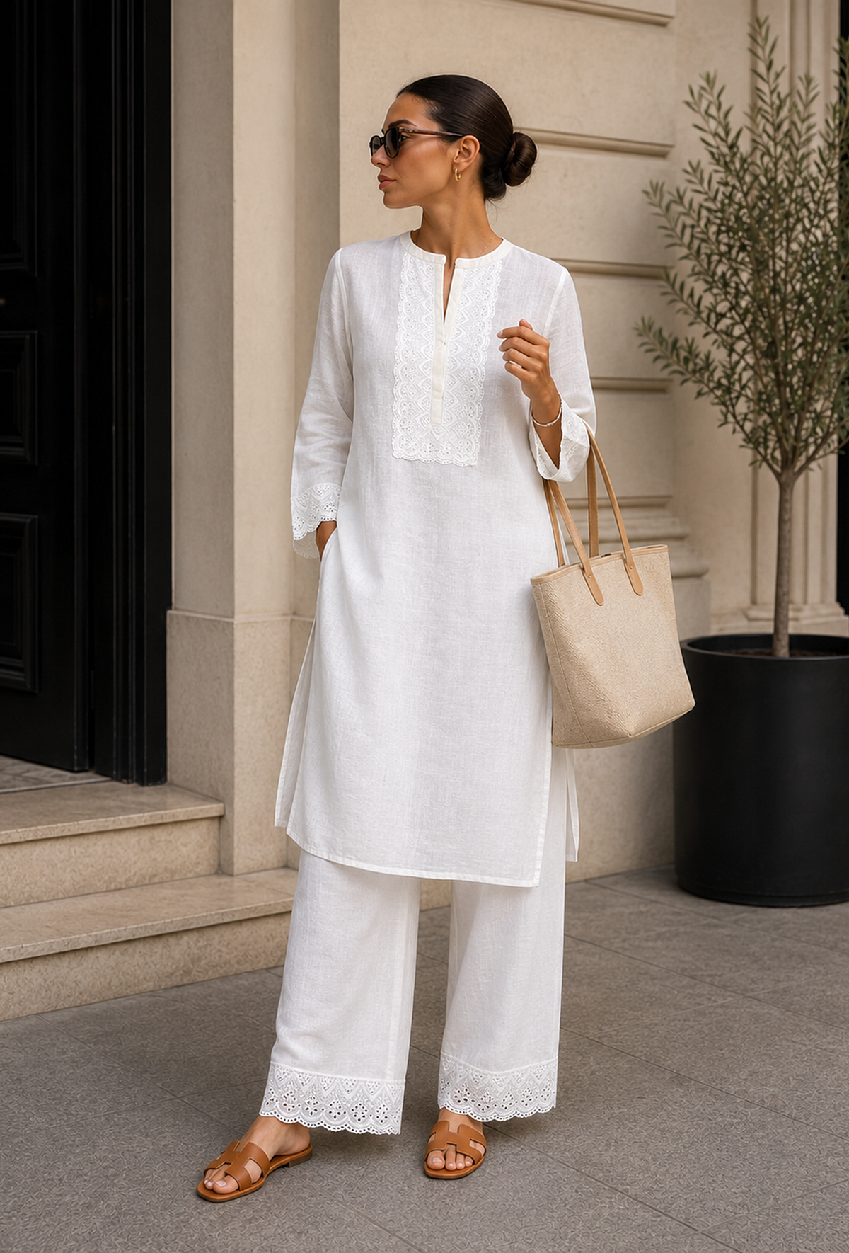 Set of 2: White Cotton Embroidered Kurta & Palazzo クルタ S・パラッツォ S